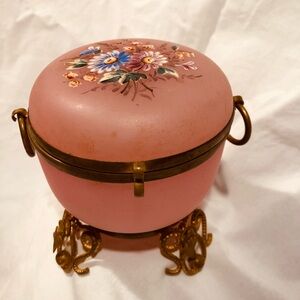 Antique Hand-Painted Pink Glass Trinket Box with Brass Stand